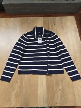CHAPS New With Tags Navy White Striped Full Zip Moto Sweater Jacket - Size L